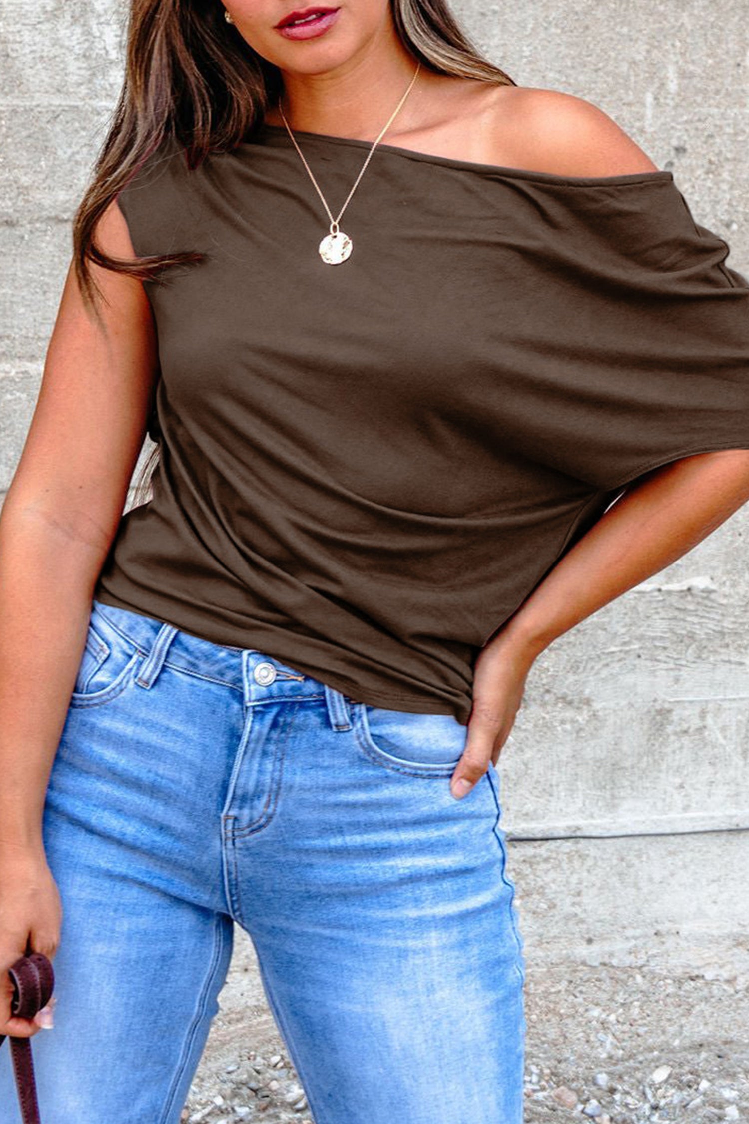 Plus Size Solid Color Asymmetric Neck Short Sleeve Blouse