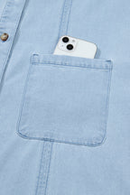 Beau Blue Ruffled Edge Collared Shift Denim Dress with Pockets