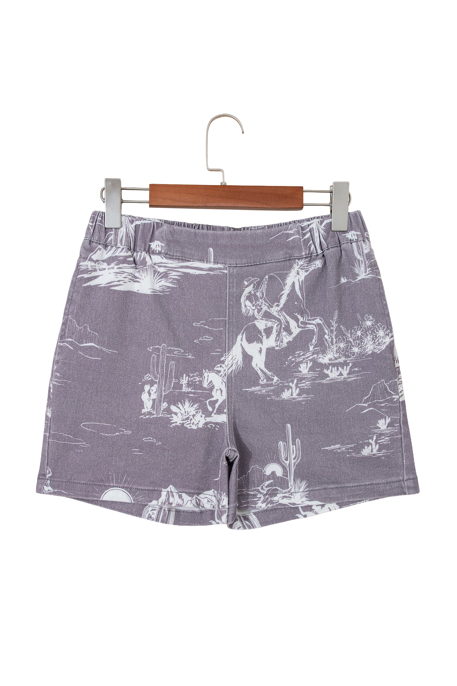 Grey Western Print Elastic Waist Cotton Denim Shorts