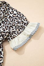 Black Leopard Print Striped Ruffled Color Block Trim V Neck Short Sleeve Blouse