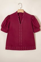 Burgundy Rivet Embellished V Neck Short Puff Sleeve Blouse