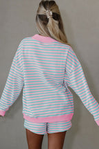 Striped Color Block Detail Long Sleeve Pullover Elastic Waist Pull On Shorts 2pcs Set