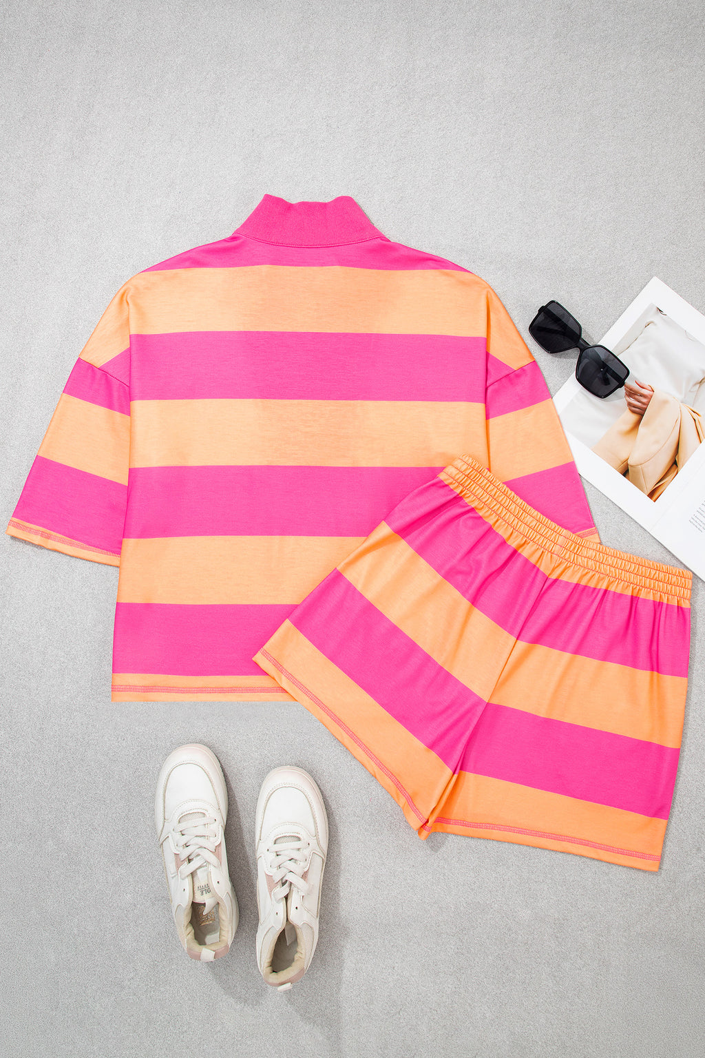 Seam Detail Half Zip Tee Casual Shorts 2pcs Set
