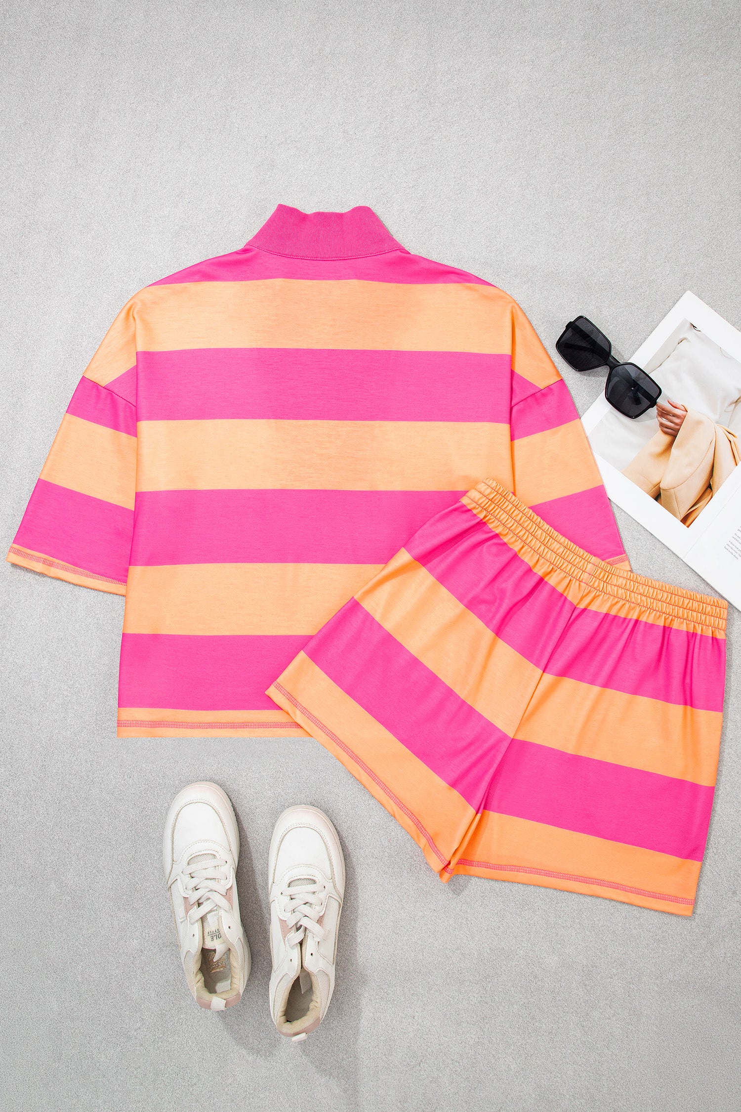 Seam Detail Half Zip Tee Casual Shorts 2pcs Set