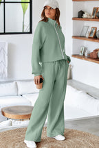 Drop Shoulder Zip Up Jacket Drawstring Pants Active 2pcs Set