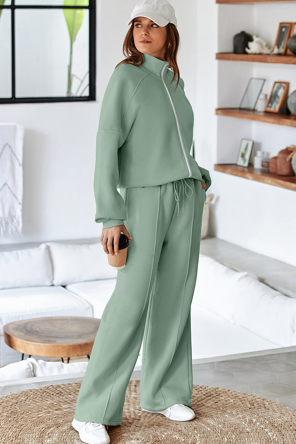 Drop Shoulder Zip Up Jacket Drawstring Pants Active 2pcs Set