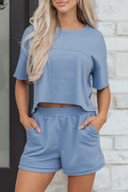 Solid Color Contrast Textured Patchwork Raw Edge 2pcs Short Set