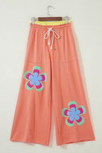 Colour Block Flower Patchwork Drawstring Contrasted Elastic Waist Wide Leg Pants