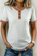 Raw Seam Color Block Detail Buttoned Henley Tee