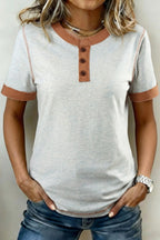 Raw Seam Color Block Detail Buttoned Henley Tee