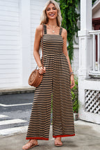 Brown Stripe Square Neck Shirred Wide Leg Jumpsuit