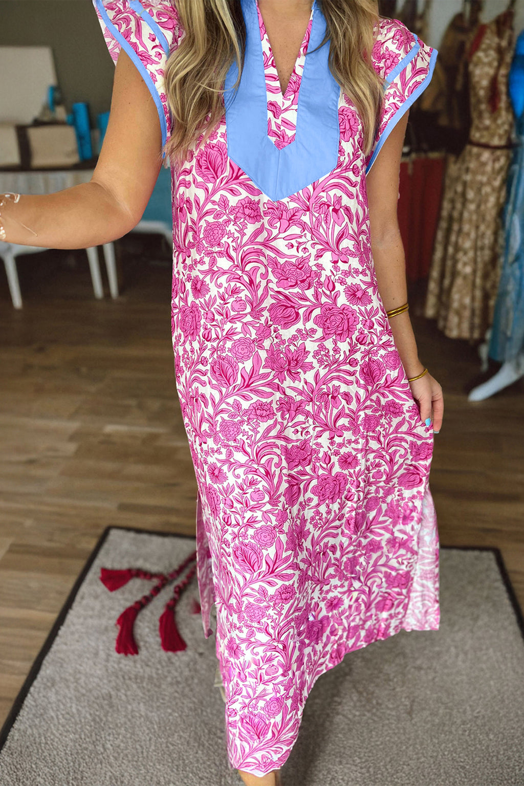 Floral Print Color Block Patchwork V Neck Short Sleeve Midi Dress
