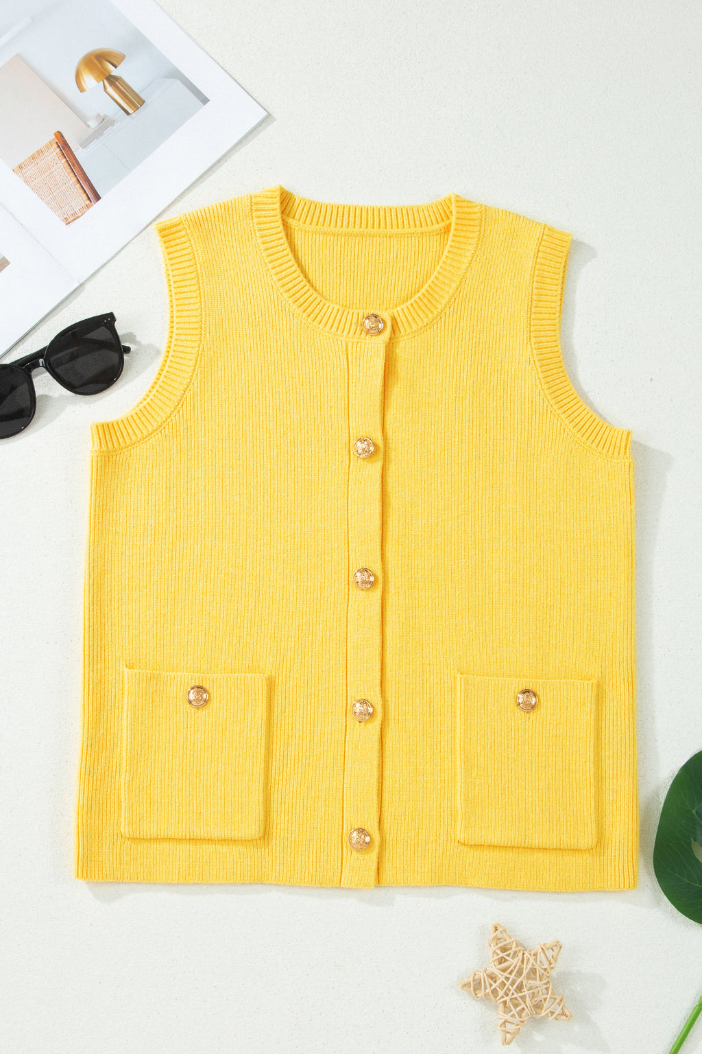Solid Color Sleeveless Knit Button Pocketed Sweater