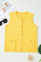 Solid Color Sleeveless Knit Button Pocketed Sweater