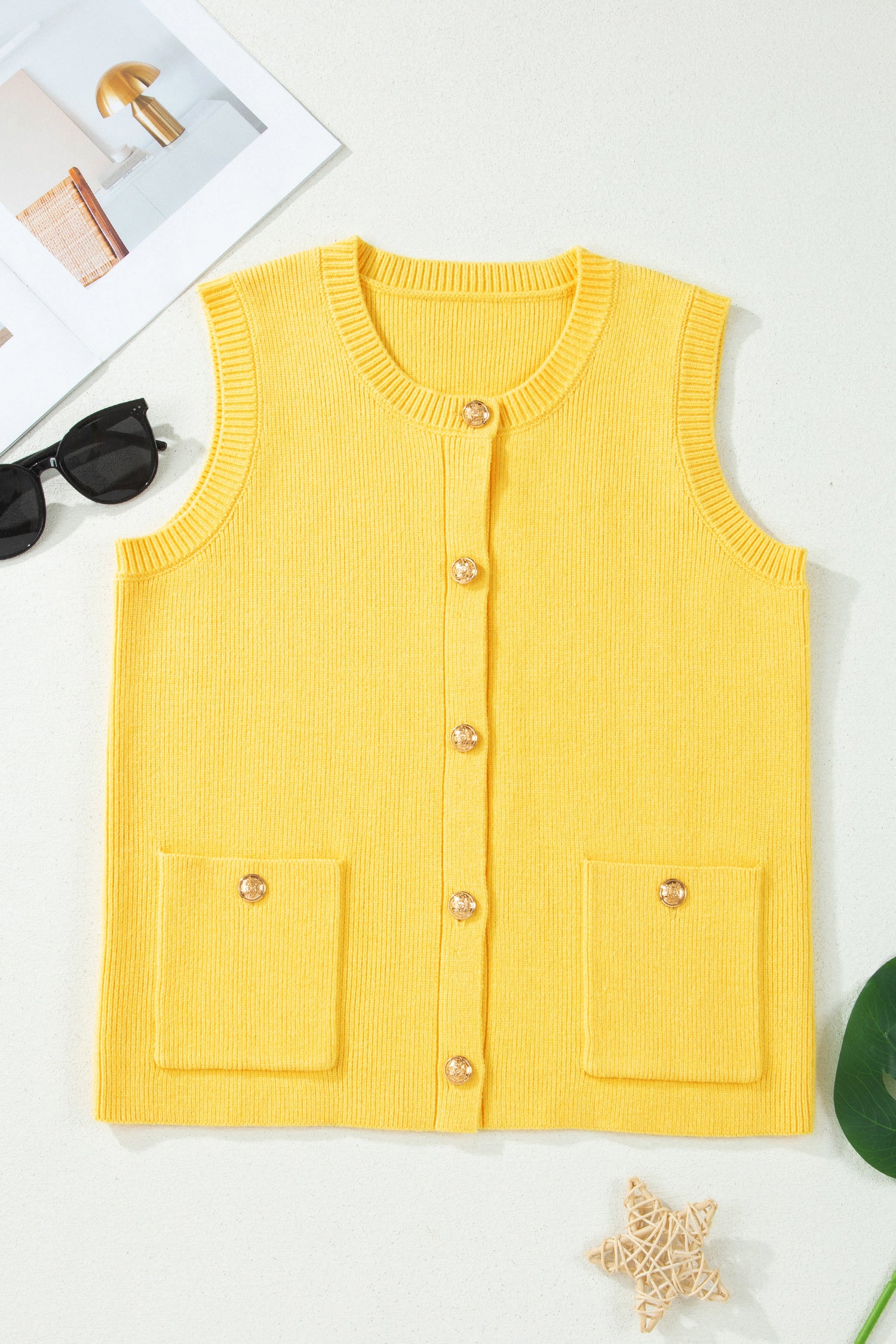 Solid Color Sleeveless Knit Button Pocketed Sweater