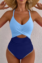 Ric Rac Trim Contrasted Patchwork Cutout One Piece Swimsuit