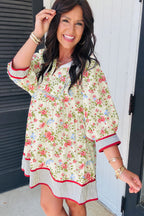 Apricot Striped Edge 3/4 Puff Sleeve Floral Dress