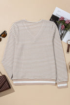 Beige Striped Textured Knit V Neck Casual Top