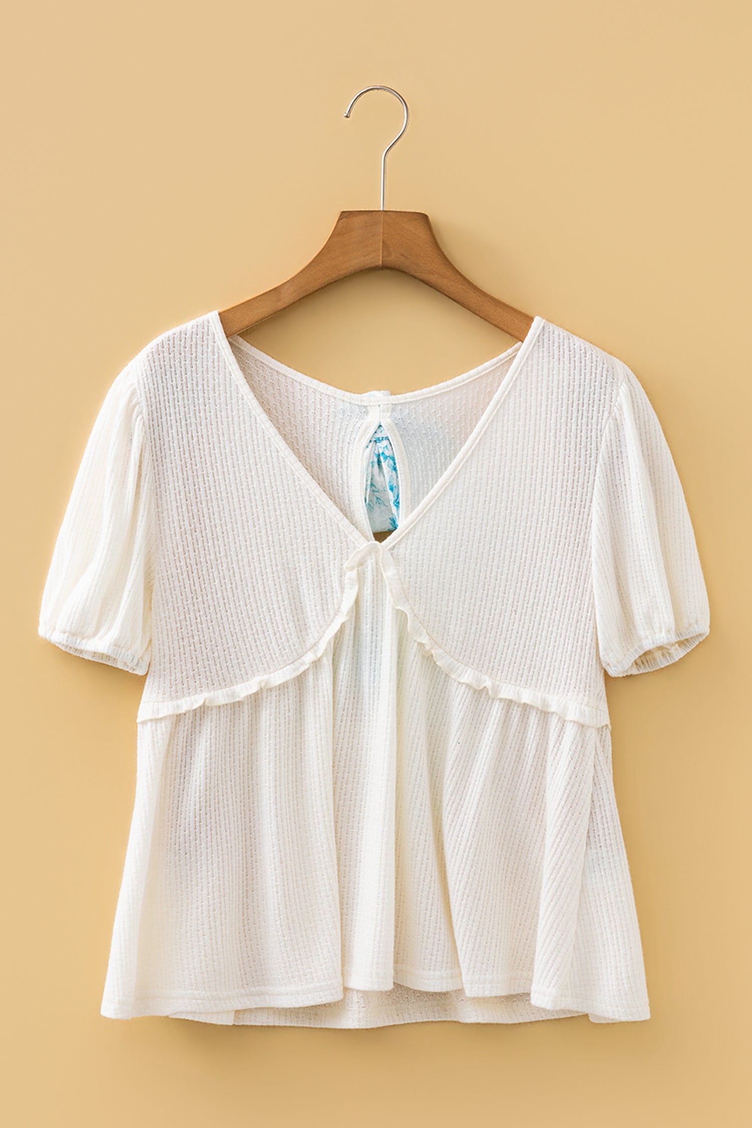 White Textured Knit V Neck Short Bubble Sleeve Peplum Top