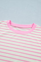 Pink Stripe Ruffled Short Sleeve Patchwork Blouse