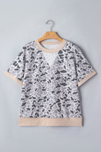 Gray Camouflage Print Twisted Ribbed Patchwork Casual T Shirt