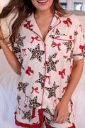 White Leopard Star Ribbon Bow Print Contrast Trim Short Pyjama Set