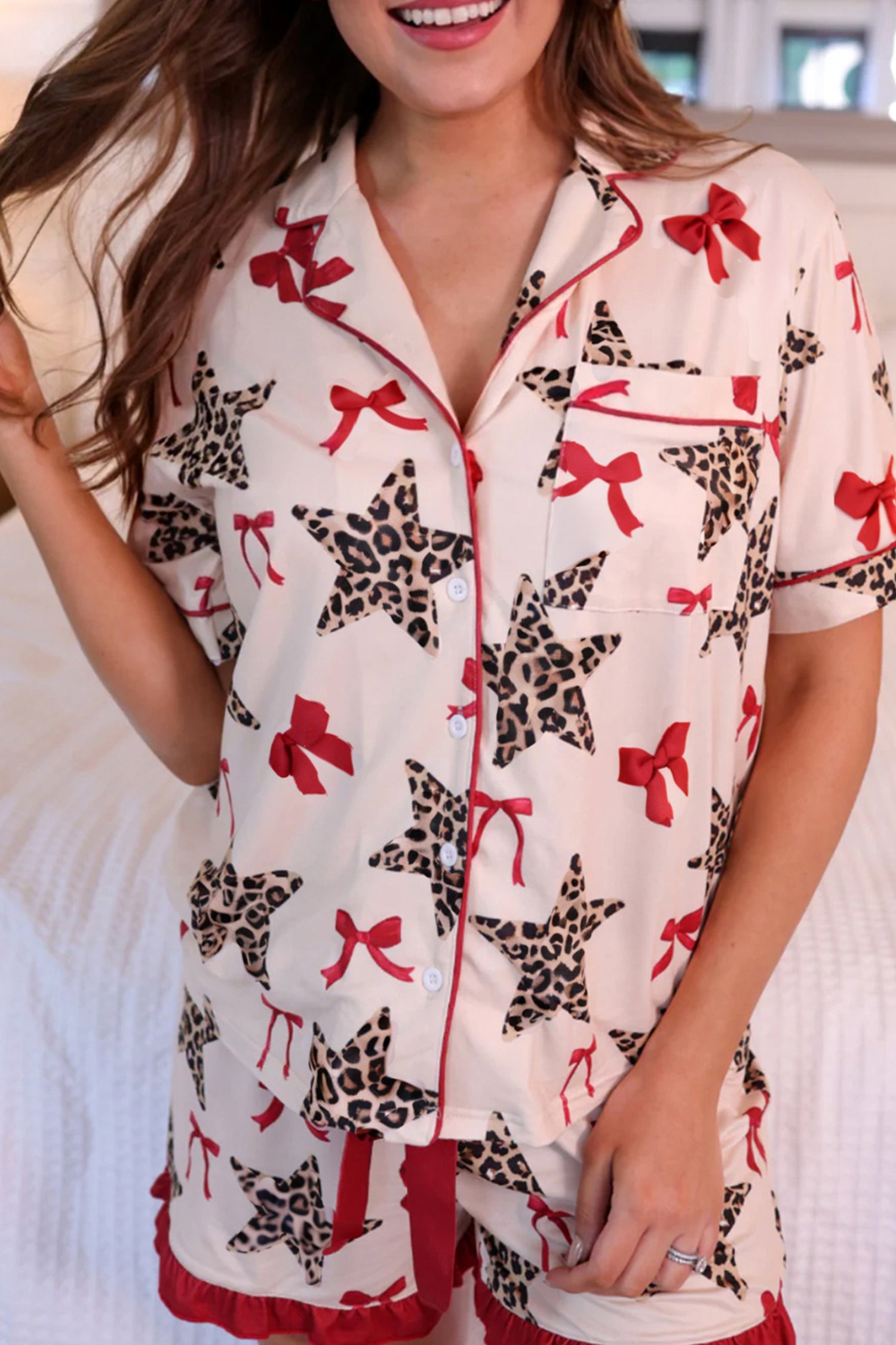 White Leopard Star Ribbon Bow Print Contrast Trim Short Pyjama Set