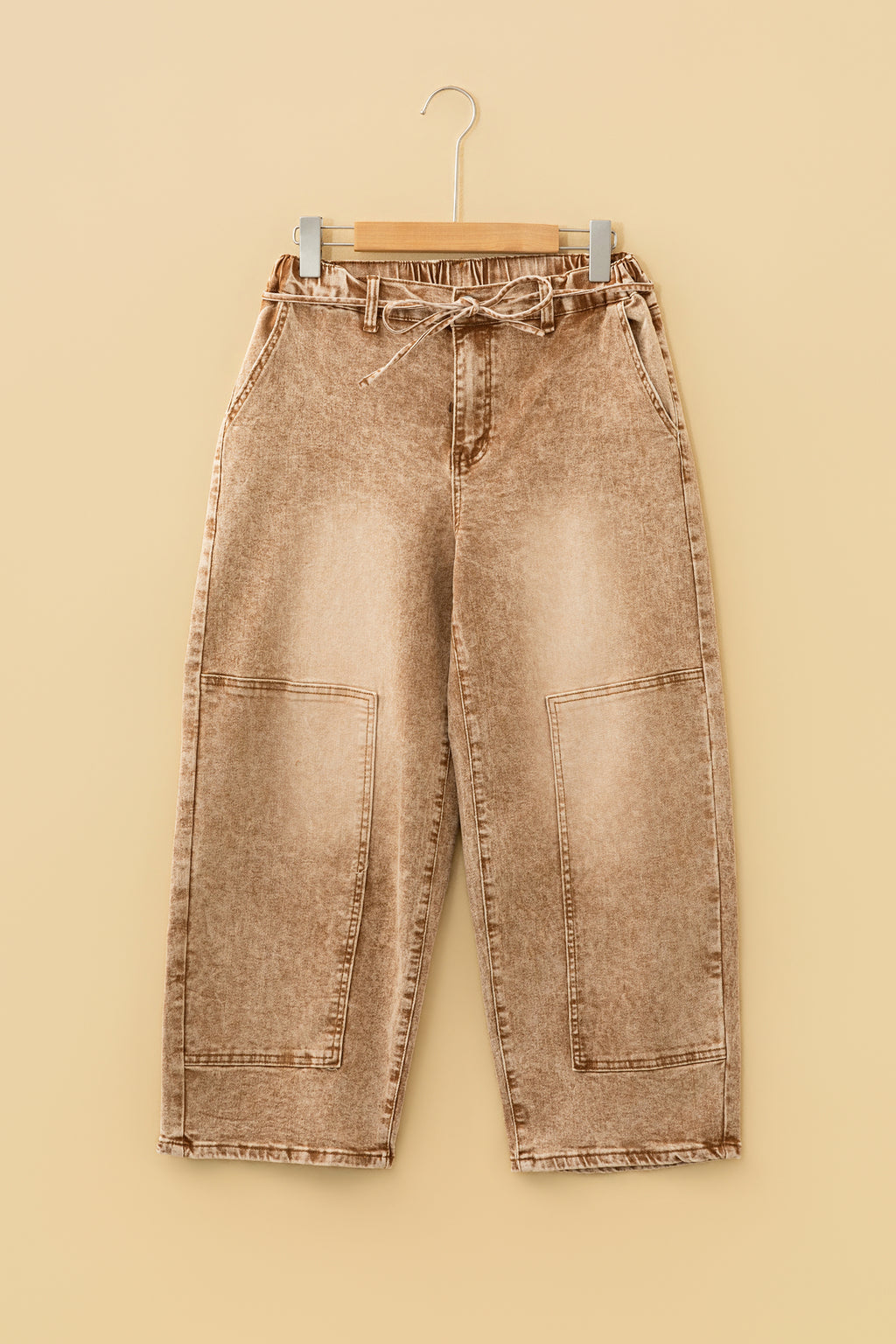 Acid Wash Barrel Fit Denim Pants with Waist String