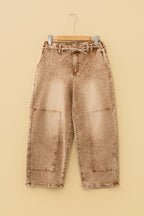 Acid Wash Barrel Fit Denim Pants with Waist String