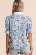Sky Blue Floral Striped Printed Polo Collar Short Sleeve Blouse