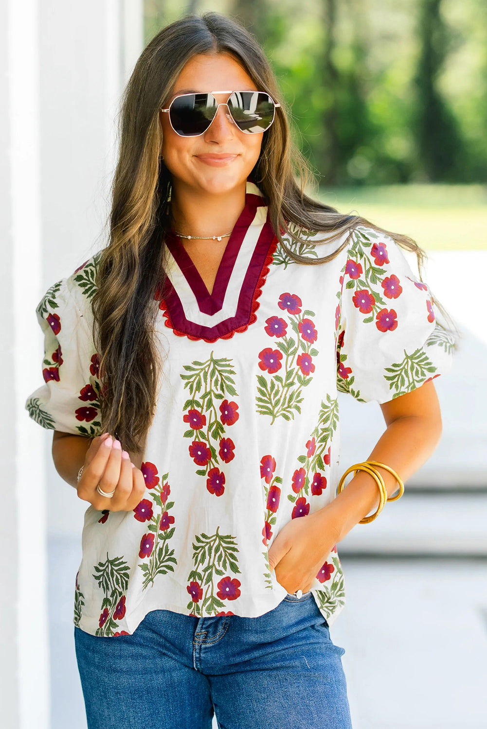 Floral Short Bubble Sleeve Contrast Slit Neckline Blouse