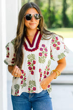 Floral Short Bubble Sleeve Contrast Slit Neckline Blouse
