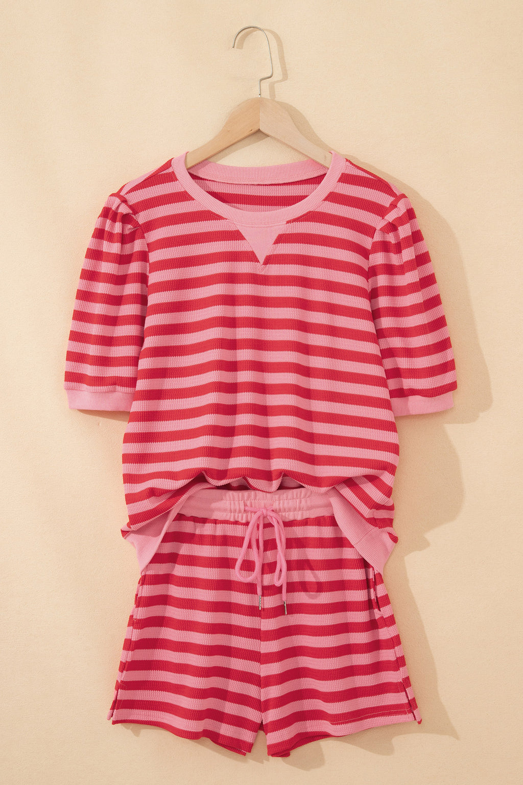 Striped Puff Short Sleeve T Shirt Matching Shorts Set