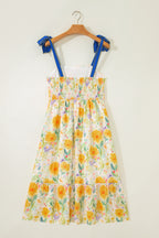 Floral Print Contrast Stitched Knot Denim Straps High Waist Dress