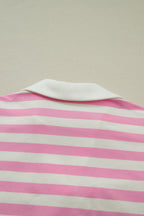 Pink Stripe Collar V Neck Ruffled Short Sleeve Blouse