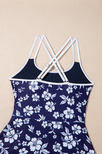 Blue Crossed Back Floral Print Asymmetric Knot Side One Piece Swimsuit