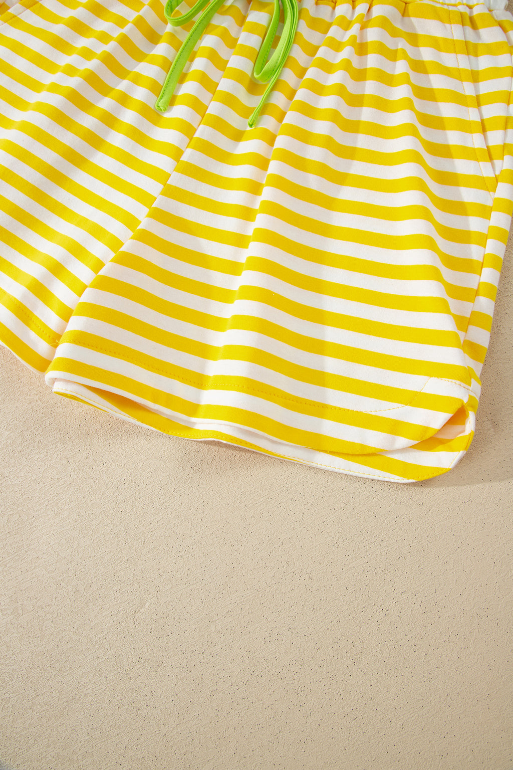 Striped Contrast Neck Loose Tee and Drawstring Shorts Set