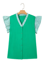 Dark Green Plus Size Button Front Ruffled Stripe Trim V Neck Flutter Sleeve Blouse