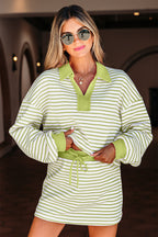 Striped Collared V Neck Drop Shoulder Pullover and Skort 2pcs Outfit