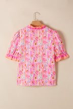 Pink Poppy Flower Striped Print Color Block Trim V Neck Short Sleeve Blouse