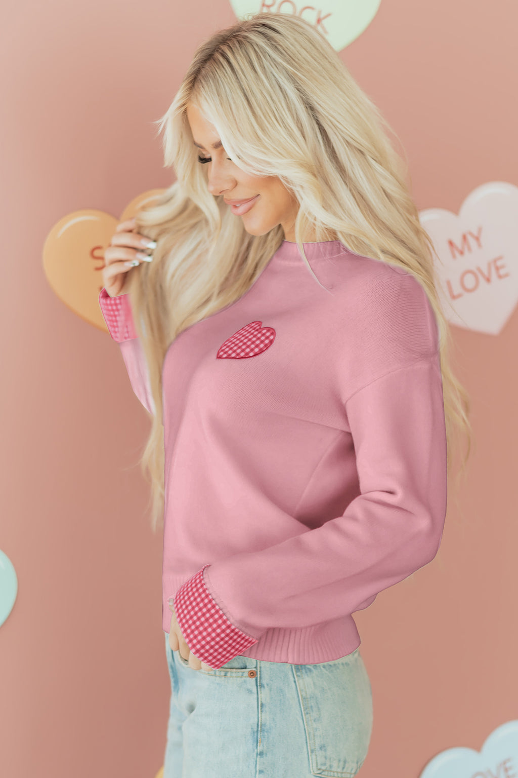 Plaid Heart Embroidered Cuffed Drop Shoulder Crew Neck Sweater