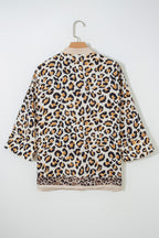 Khaki Mixed Leopard Patchwork 3/4 Sleeve Loose Shirt