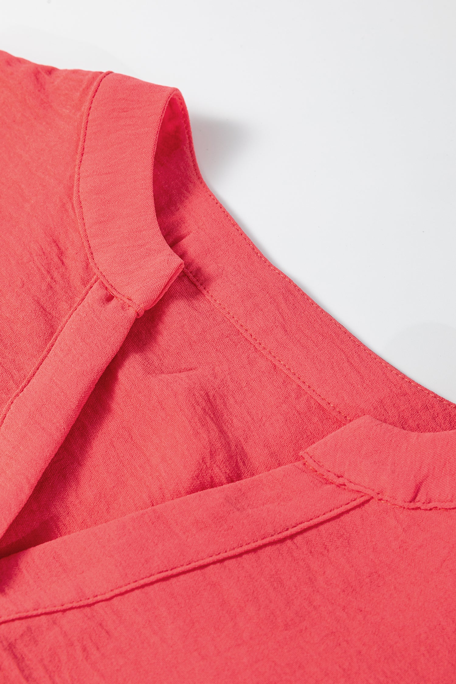 Coral Contrast Ricrac Trim V Neck Button Down Long Sleeve Shirt