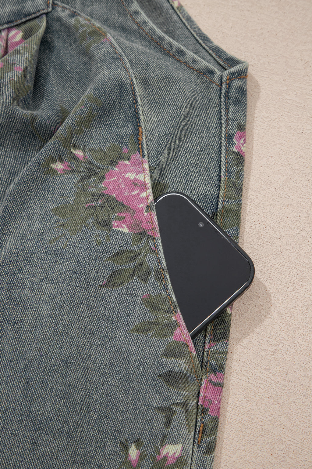 Floral Print Pleated High Waist Wide Leg Denim Jumpsuit