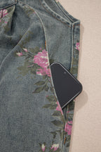 Floral Print Pleated High Waist Wide Leg Denim Jumpsuit