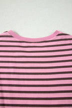 Rose Stripe Striped V-Neck Ribbed Collar Cuff Gathering Puff Sleeve Top