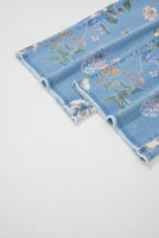 Sky Blue Retro Floral Print Frayed Hem Shift Jeans
