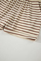 Brown Stripe Half Buttons Top and Shorts Set