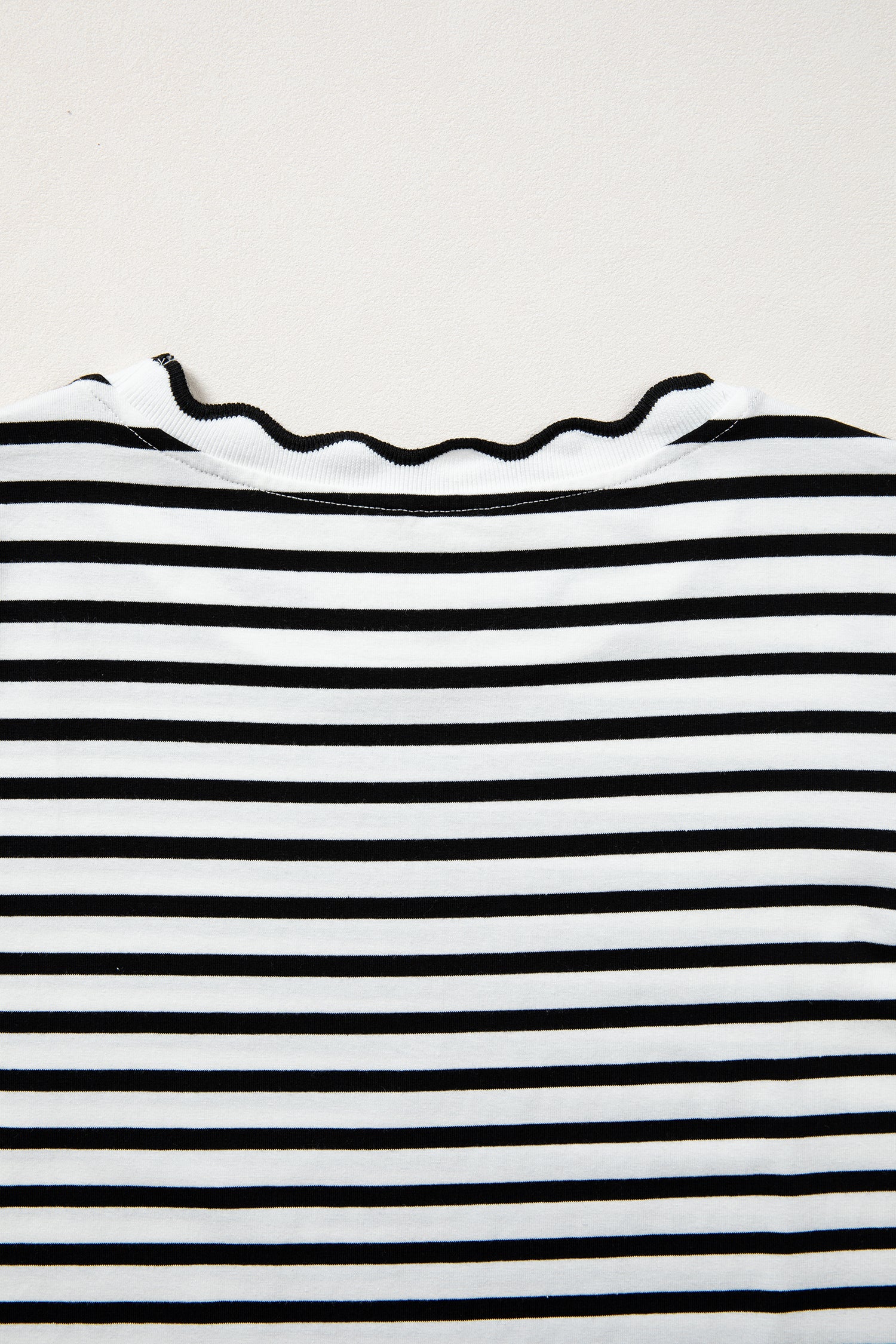 Striped Scalloped Trim Round Neck T Shirt