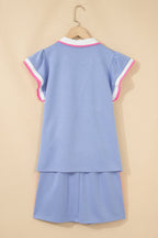 Preppy Striped Trim V Neck Polo Tee Drawstring Skirt Set